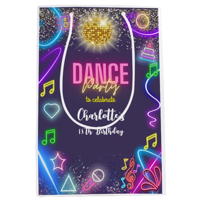 Sacola Para Presentes Média aniversário de Neon Dance Party (Frente)