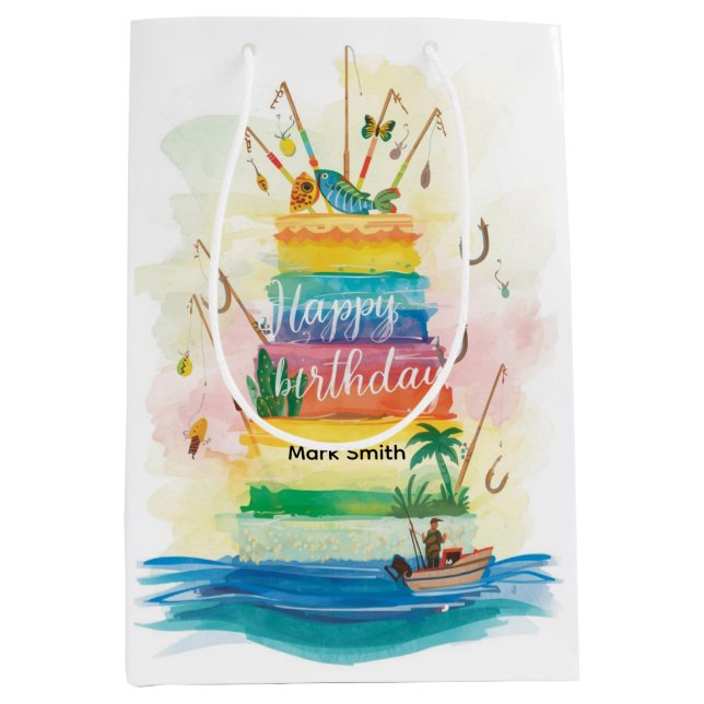 Sacola Para Presentes Média Aniversário de pesca, temido viciado em diversão (Frente)