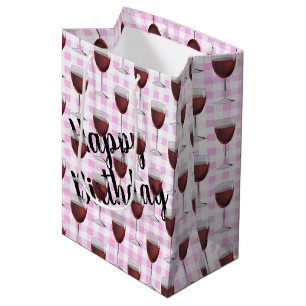 Sacola Para Presentes Média Aniversário De Vinho Vermelho Em Gingham Rosa