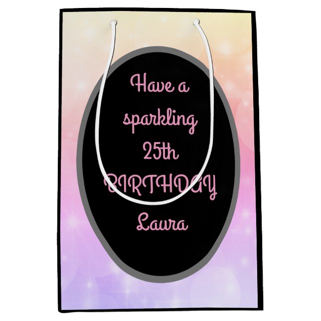 Sacola Para Presentes Média Aniversário do 25, Dourado e rosa, de luxo e perso (Frente)