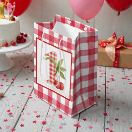 Sacola Para Presentes Média Aniversário do Bebê com Cereja em Xadrez Vermelho