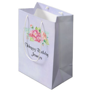 Sacola Para Presentes Média Aniversário do Buquê de Flor de Aquarela Rosa El