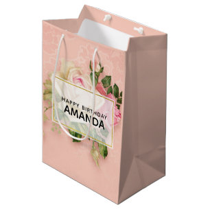 Sacola Para Presentes Média Aniversário do Buquê Rosa Rosa Rosa e Branco