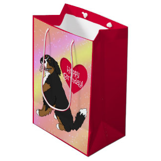 Sacola Para Presentes Média Aniversário do Cão de Montanha Bernês