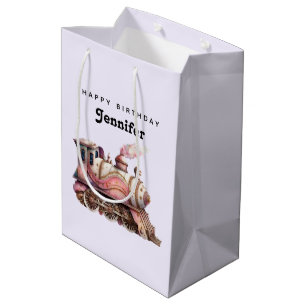 Sacola Para Presentes Média Aniversário do comboio a vapor cor-de-rosa