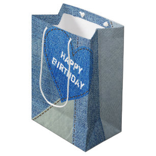 Sacola Para Presentes Média Aniversário do Coração de Denim