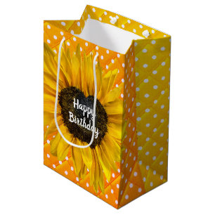 Sacola Para Presentes Média Aniversário do Coração Girassol Em Bolinhas