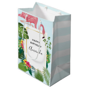 Sacola Para Presentes Média Aniversário do Flamingo e das Folhas Tropicais, co