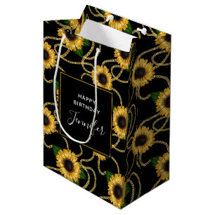 Sacola Para Presentes Média Aniversário do Na moda de Girassóis Amarelos Cl