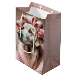 Sacola Para Presentes Média Aniversário do Ouro Retriever em Curlers De Cabelo