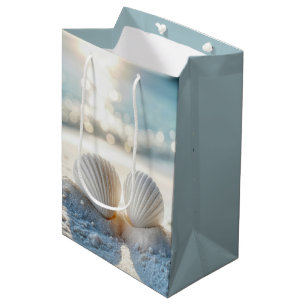 Sacola Para Presentes Média Aniversário do Seasheles Brancos na Areia Branca