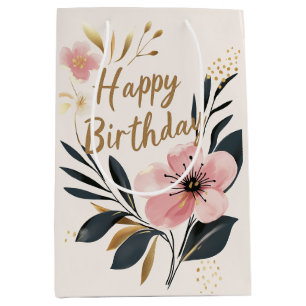 Sacola Para Presentes Média Aniversário Dourado Rosa Floral