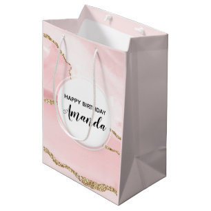 Sacola Para Presentes Média Aniversário Elegante de Fita Rosa com Fita Dourada
