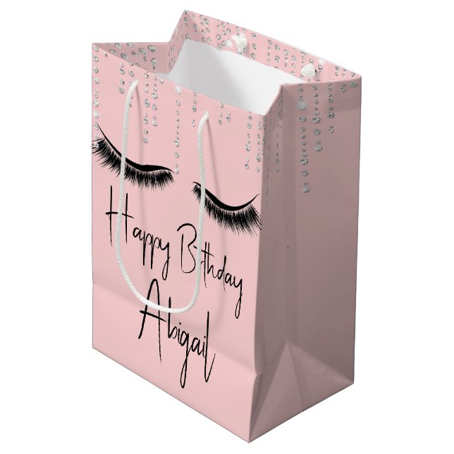 Sacola Para Presentes Média Aniversário Eyelashes com Bling a Rosa (Frente inclinada)