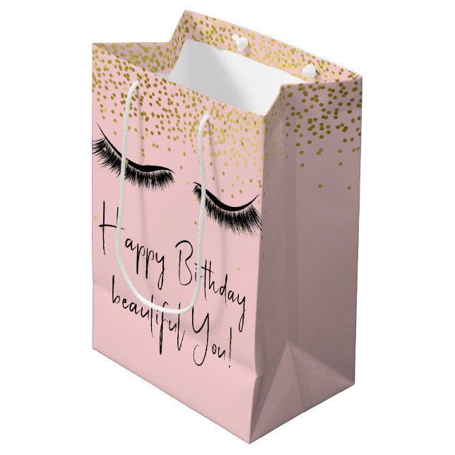 Sacola Para Presentes Média Aniversário Eyelashes com Dourada Glitter (Frente inclinada)