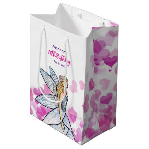 Sacola Para Presentes Média Aniversário Fada Princesa Rosa Corações Rosa Desen