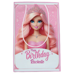 Sacola Para Presentes Média Aniversário Feliz Princesa Rosa Personalizado