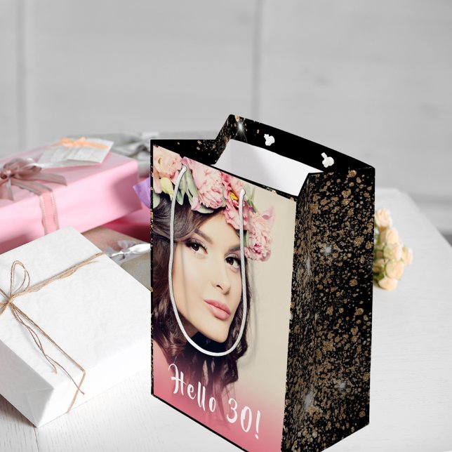 Sacola Para Presentes Média Aniversário, foto de ouro preto e brilhante 30 (Criador carregado)