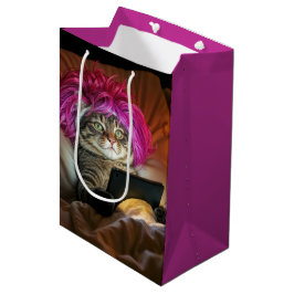Sacola Para Presentes Média Aniversário Gen Z Cat Staring an Electronic Tablet