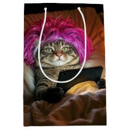 Sacola Para Presentes Média Aniversário Gen Z Cat Staring an Electronic Tablet