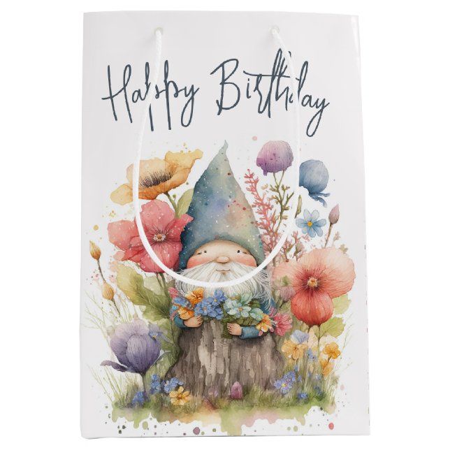Sacola Para Presentes Média Aniversário Gnome Em Flores (Frente)