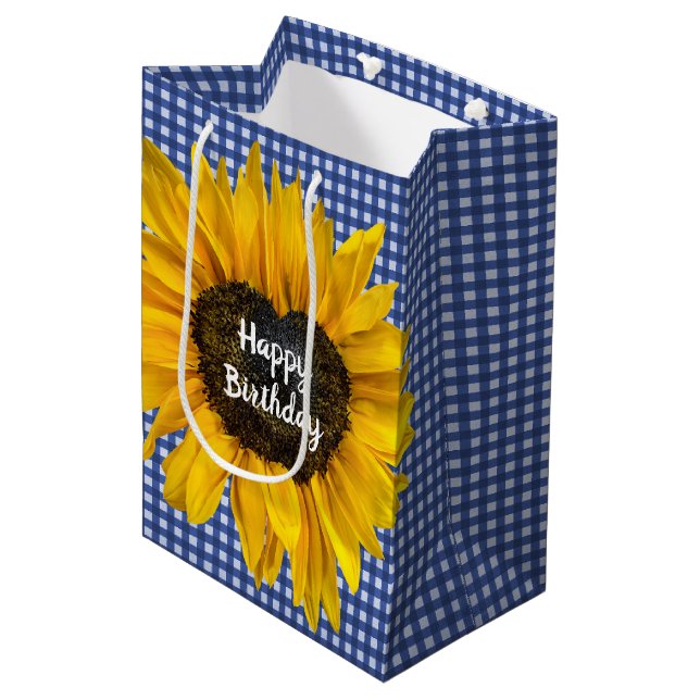 Sacola Para Presentes Média Aniversário Heart Sunflower Em Gingham (Frente inclinada)