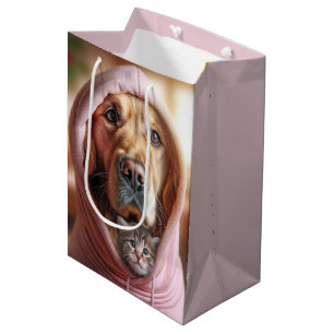 Sacola Para Presentes Média Aniversário Ouro Retriever Com Tabby Kitten