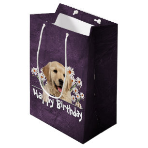 Sacola Para Presentes Média Aniversário Ouro Retriever Em Couro Roxo