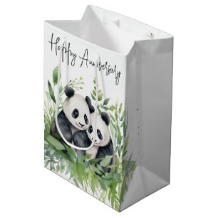 Sacola Para Presentes Média Aniversário Panda Bears Em Folhas