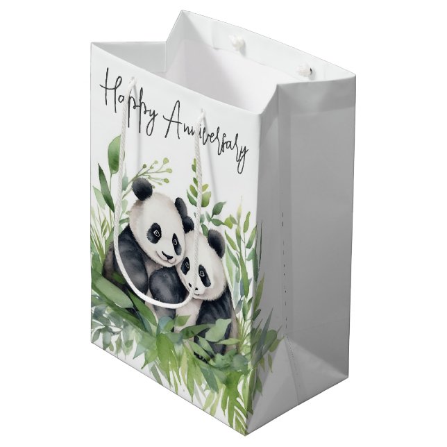 Sacola Para Presentes Média Aniversário Panda Bears Em Folhas (Frente inclinada)