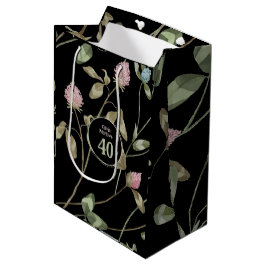 Sacola Para Presentes Média Aniversário Romântico Preto Rosa Trevo Floral 
