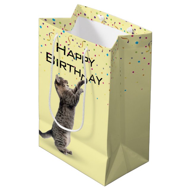 Sacola Para Presentes Média Aniversário Tabby Cat com Confetti (Frente inclinada)