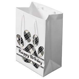 Sacola Para Presentes Média Aniversário, Tartan Xadrez Paw Imprime A Branco