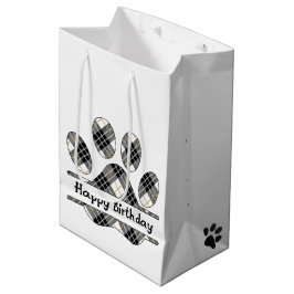 Sacola Para Presentes Média Aniversário, Tartan Xadrez Paw Imprime A Branco