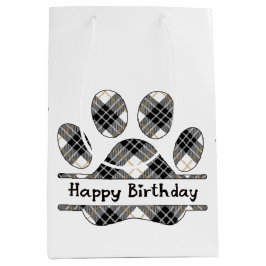 Sacola Para Presentes Média Aniversário, Tartan Xadrez Paw Imprime A Branco