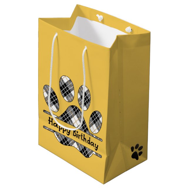 Sacola Para Presentes Média Aniversário, Tartan Xadrez Paw Imprime Em Dourado (Frente inclinada)