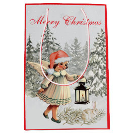 Sacola Para Presentes Média Anjo e Coelho de Natal Vintage