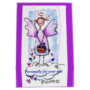 Sacola Para Presentes Média Anjo Roxo Sorrindo na Nuvem Branca com Corações