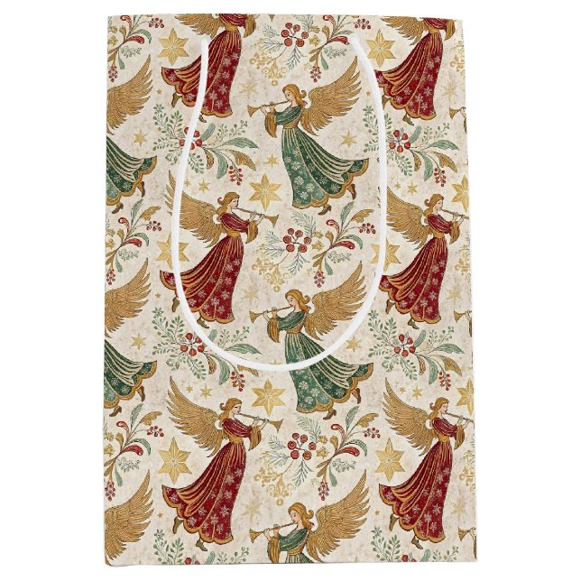 Sacola Para Presentes Média Anjos de Natal Vintage (Frente)