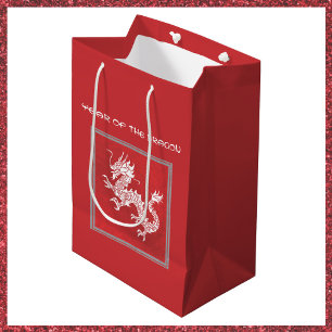 Sacola Para Presentes Média Ano Vermelho e Branco impressionante do Dragão