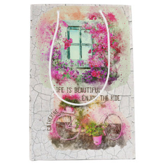 Sacola Para Presentes Média Aproveite o passeio | Bicicleta De Aquarela Com Fl