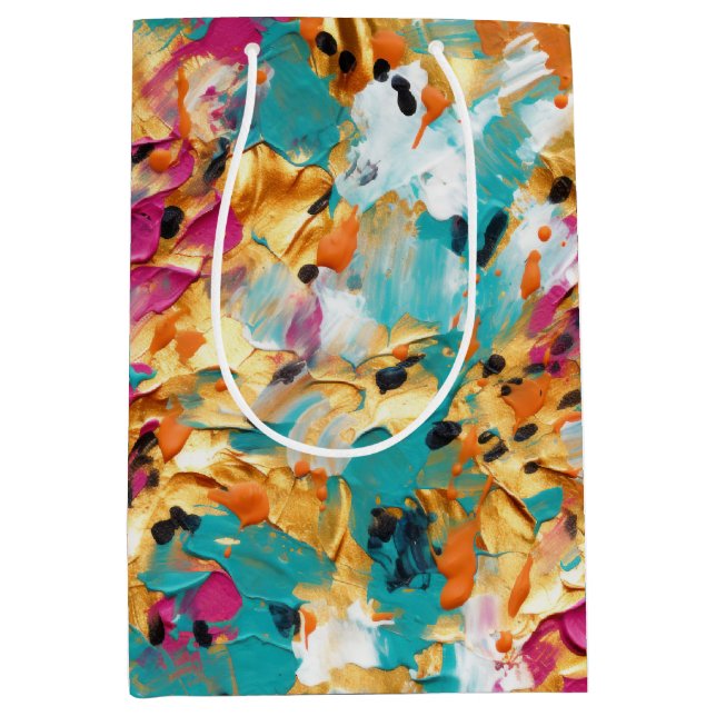 Sacola Para Presentes Média Aqua Dourada Tinta-Leopardo Rosa (Frente)