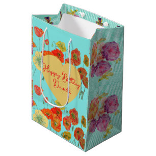 Sacola Para Presentes Média Aqua Papoula Papoulas Floral Aquarela