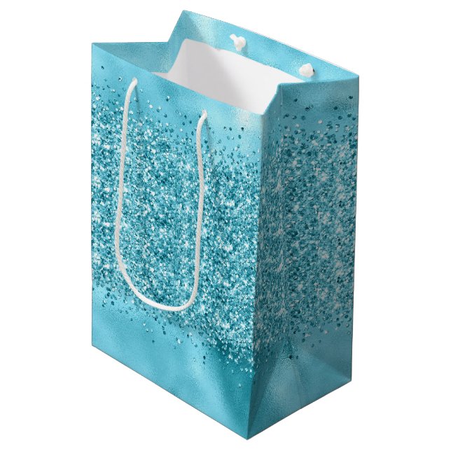Sacola Para Presentes Média Aqua Teal Blue Confetti Sparkle (Frente inclinada)