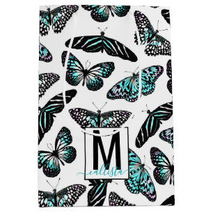 Sacola Para Presentes Média Aqua Teal Butterflies Watercolor Padrão Monograma