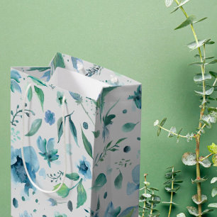 Sacola Para Presentes Média Aquarela Azul em Floral Cinza Claro