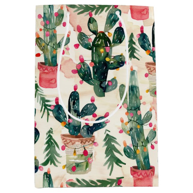 Sacola Para Presentes Média aquarela cactus natristmas para doação (Frente)