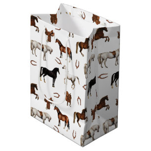 Sacola Para Presentes Média Aquarela de Cavalos Ferradura Selas de Cavalo