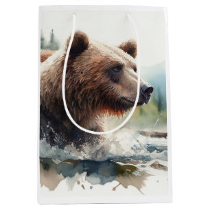 Sacola Para Presentes Média Aquarela Grizzly Bear Natureza