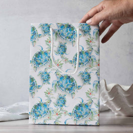 Sacola Para Presentes Média Aquarela Mar Tartaruga Praia Natal